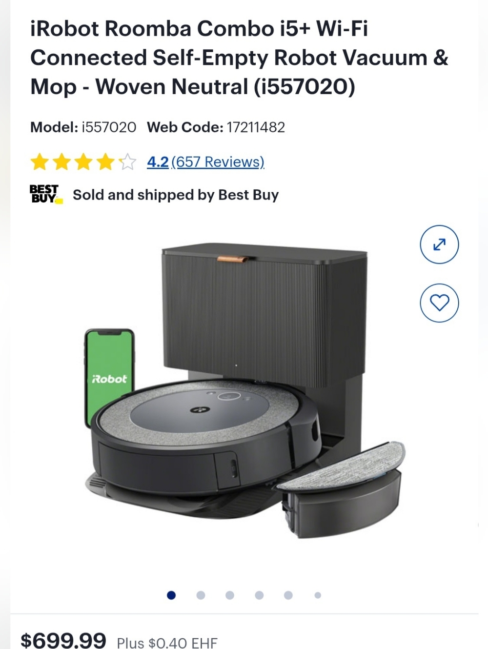 iRobot Roomba Combo i5+ Self‑Empty Robot Vacuum & Mop — Dark Gray